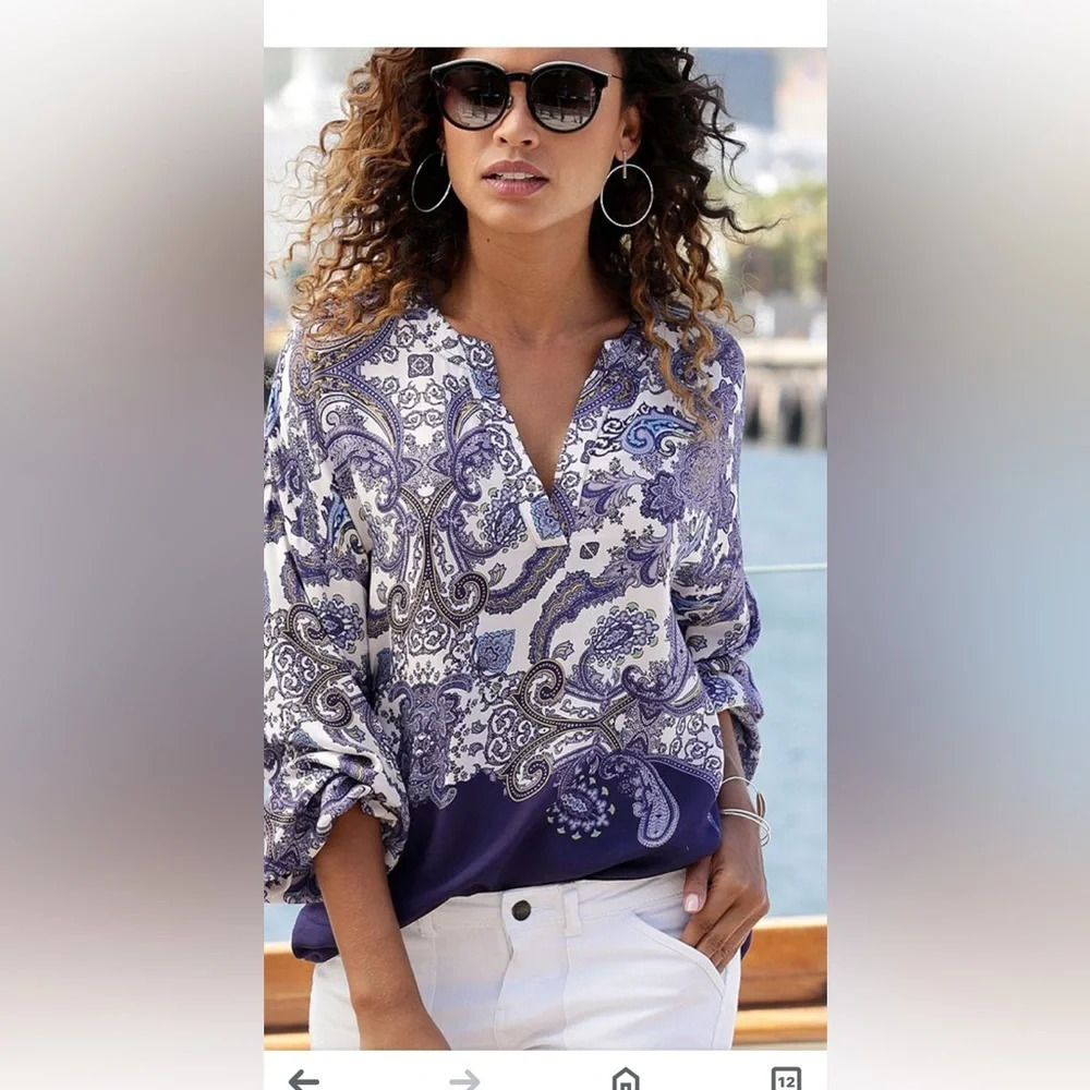EUC Lascana 4/6 BOHO paisley print L/S with elastic sleeves. 100% Viscous V-neck